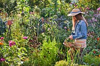 Girl picking herbs in herb garden