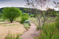 Path and view through meadow to countryside at Mill Creek Ranch in Vanderpool, Texas designed by Ten Eyck Landscape Inc, July.