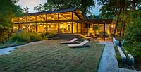 Relaxing area on lawn at Mill Creek Ranch in Vanderpool, Texas designed by Ten Eyck Landscape Inc, July.