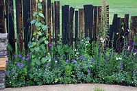 Carbonised timber fence in The 'Mandala' Mindfulness garden at RHS Chatsworth Flower Show 2019.