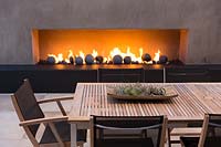 Modern fireplace in garden, San Diego, USA