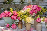 Roses and Alchemilla mollis displayed in small pottery bottles and vintage china vases