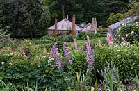 View over herbaceous perennial border with flowering Salvia and Lupinus - Lupin to an old farmhouse with corrugated iron roof and brick chimneys, beyond mature trees