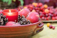 Christmas arrangement with candle, red apples and cones, dish with rosehips and crab apples in the background. 