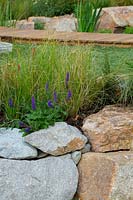 Detail of a raised garden bed with a drystone wall made out of rustic sandstone rocks. Planted out with Poa labillardieri and Salvia 'Ostfriesland' 