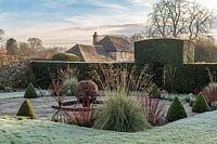 Frosted topiary and ornamental grasses at Fittleworth House Garden, West Sussex, UK.
