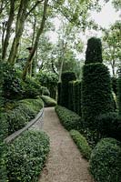 Gravel path with Taxus baccata and muehlenbeckia complexa. Les Jardins d Etretat, Normandy, France
