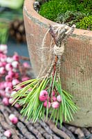 Hanging tassle with Pine needles and pink Rowan berries attached to a rustic pot