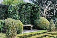 Hedera - Ivy - over an arbour framed with clipped Buxus - Box balls, plus stone bench 