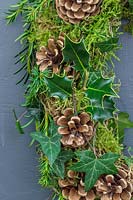 Detail of finished wreath made with Ivy, Cones, Moss, Holly and Yew