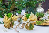 Potted Hyacinthus wrapped in tissue paper and gold bow, including name tag