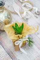 Potted Hyacinthus wrapped in tissue paper and gold bow, including name tag