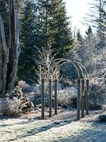 Frosty garden scene featuring wood, metal and rope arch, lawn, conifers and deciduous trees