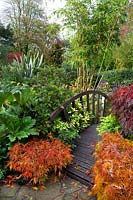 Japanese bridge in 'The Jungle' at Four Seasons Garden, Walsall, West Midlands, October