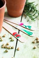 Decorated ice lolly sticks as vegetable labels next to seeds and pots
