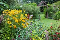 Rudbeckia fulgida 'Autumn Leaves', Cerinthe major 'Purpurascens' in cottage garden border with view of wooden arch beyond