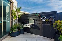 Corner of a rooftop garden with a group of pots and a wall mounted barbecue.