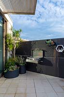 Corner of a rooftop garden with a group of pots and a wall mounted barbecue.