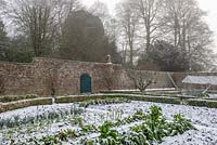 Gate through to the walled kitchen garden in Winter, Chard in foreground