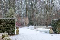 Snow covered entrance to Yarlington House, looking back towards the woodland area. 