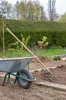 Wheelbarrow and tools in new kitchen garden