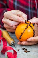 Inserting cloves into oranges