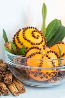 Oranges studded with cloves in glass bowl with bay leaves, star anise and cinnamon