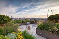 View along roof garden to cityscape, cranes and sky beyond