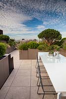 Dining table and chairs on roof terrace with view to London skyline