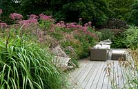 Centranthus ruber behind rattan sofa with footstool and cushions next to hammock on modern decking 