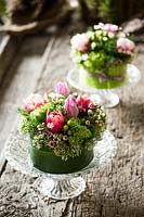 Small floral arrangements made with tulips, viburnum and wax flower. 
