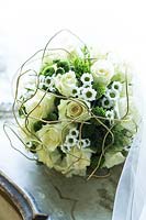 Brides white bouquet with roses, dianthus, daisies and santini.