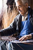 Experienced basket maker building a hand-woven basket on his knee, holding bare stem in mouth