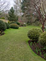 Globe and dome topiary bushes draw the eye along the lawn and through the garden