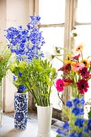 Vases of Delphinium, Ornithogalum, Thlaspi and Gerbera, on a window sill