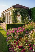 View over rose bed and hedge to climbing rose at side of loggia in The Renaissance Garden 