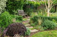 A stepping stone path leading to a small seating area in a corner of a garden by a trellis screen. Mixed planting includes shrubs, a dark leaved Pittosporum, a low Buxus - Box - hedge, perennials, ornamental grasses and a white-stemmed Betula - Silver Birch
