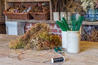 Tools and materials requited to make moss form for wreath