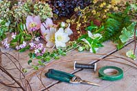 Tools and materials required to make new-year wreath.