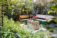 Wooden benches and trunk-table in courtyard garden. 