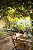 Tables and chairs in courtyard, shaded by pergola covered with parthenocissus quierquifolia. 