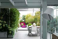 View of the terrace from the house. Featuring dining table and chairs screened by container grown shrubs
