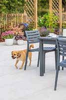 Modern table and chairs set up on context Porcelain patio with Puggle dog running through shot