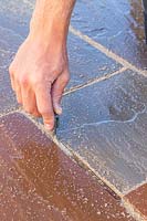 Man using a pointing tool to push pointing material into paving joints