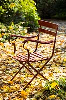 Antique red chair stood in the garden surrounded by fallen leaves