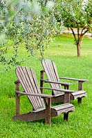 Pair of Adirondack chairs on grass with trees nearby 
