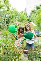 Girls watering plants in a community garden 