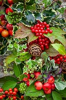Christmas wreath detail with crab apples, holly, ivy flowers, hydrangeas and viburnum berries
