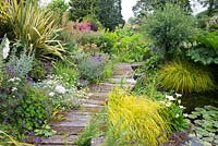 Wooden walkway by natural pond, marginal planting on oneside and mixed border on the other 