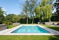 Modern garden with swimming pool, paved edge surrounded by lawn